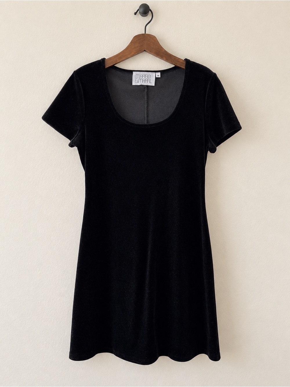 Vintage 90s Marian & Maral Black Velvet Dress Size Medium Short Sleeve